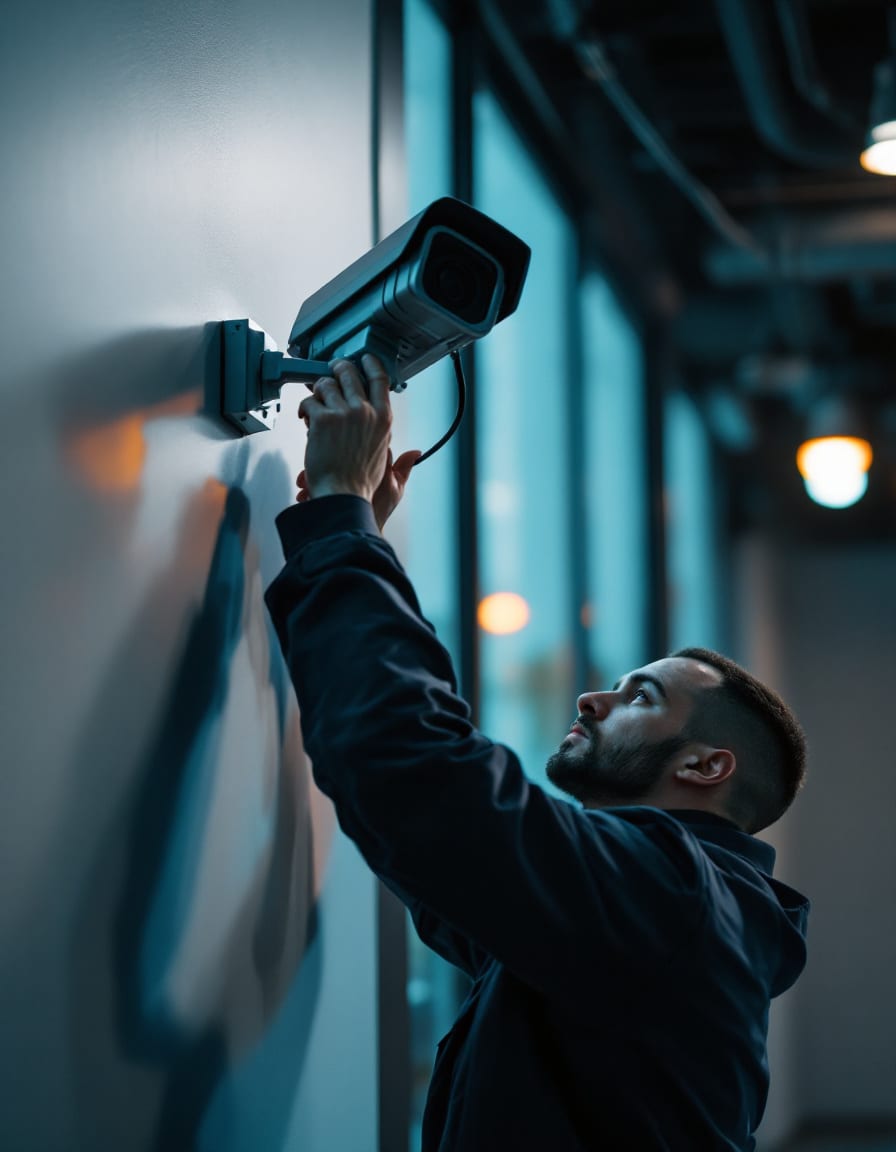 Securanza technician installing a security camera